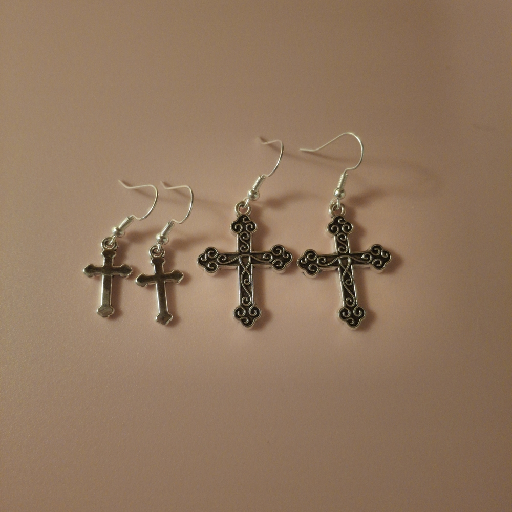 Silver Cross Dangle Earrings Set – Ornate and Polished Styles